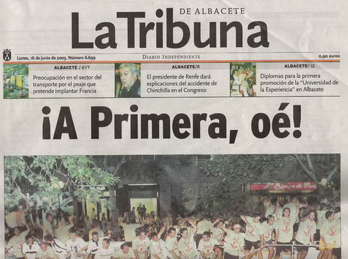 Portada de La Tribuna de Albacete 16/06/2003. El Alba vuelve a Primera División