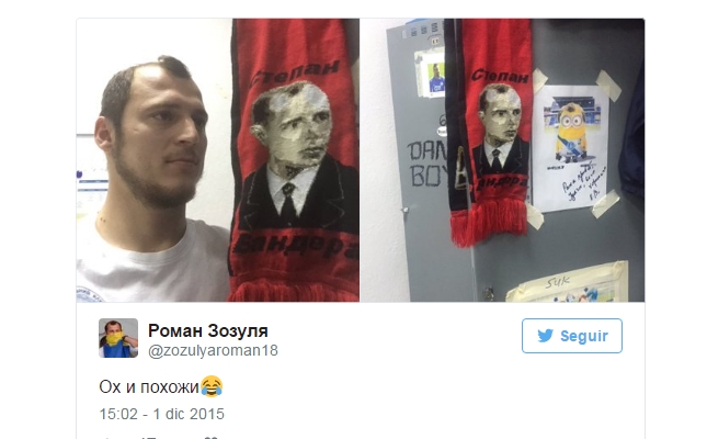 Este fue el tweet original en el que el propio Zozulia, en 2015, publicaba su foto con la bufanda del supuesto nazi Stepan Bandera. En la foto original se puede ver también un Minion que se parece a los dos y el comentario de Zozulia en el post fue: "vaya, nos parecemos"